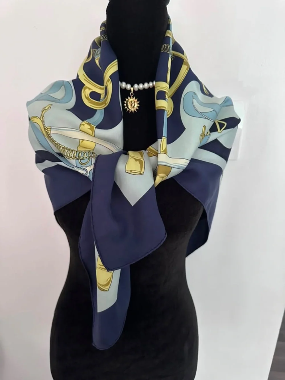 Hermes Silk Scarf Blue White Hand Rolled Made in France